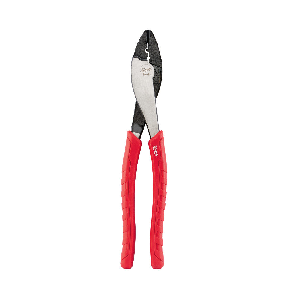 Red and black crimping pliers with textured handles and metal jaws.