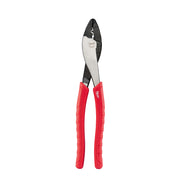 Red and black crimping pliers with textured handles and metal jaws.
