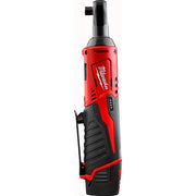 Red and black cordless ratchet with Milwaukee branding, featuring compact design and control buttons on the handle.