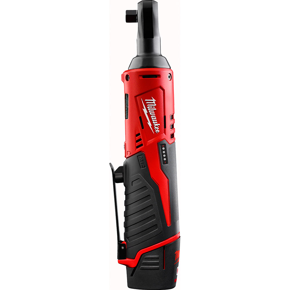 Red and black cordless ratchet with Milwaukee branding, featuring compact design and control buttons on the handle.