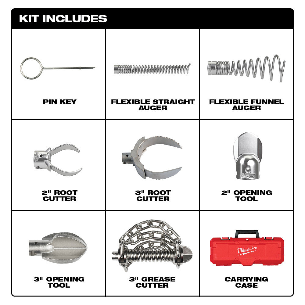 Nine-piece Milwaukee drain cleaning attachment kit containing augers, cutters, tools, and red carrying case for 7/8" sectiona