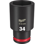 Black 1/2" drive deep socket with 34mm 6-point opening, red grip band, and Milwaukee branding.