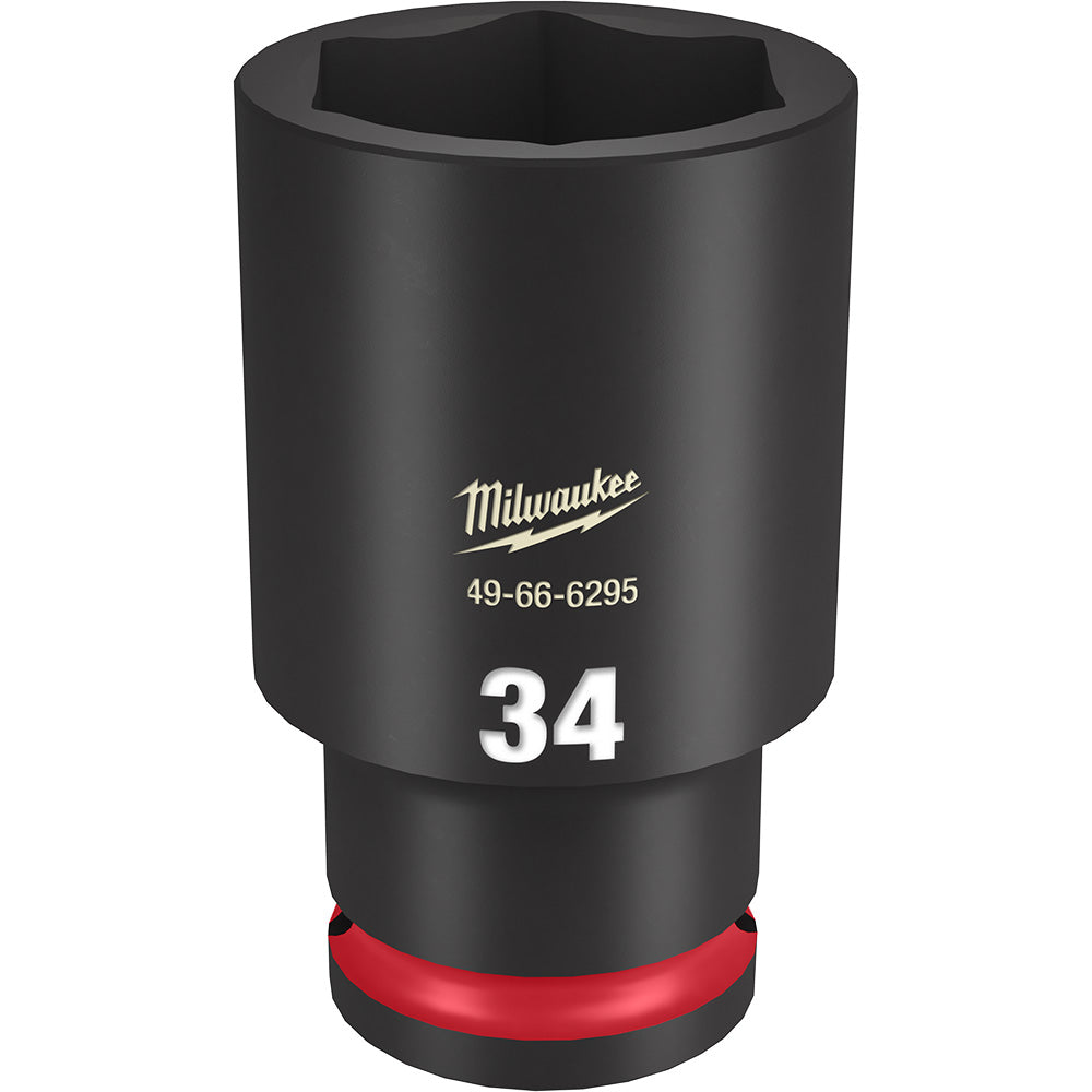 Black 1/2" drive deep socket with 34mm 6-point opening, red grip band, and Milwaukee branding.
