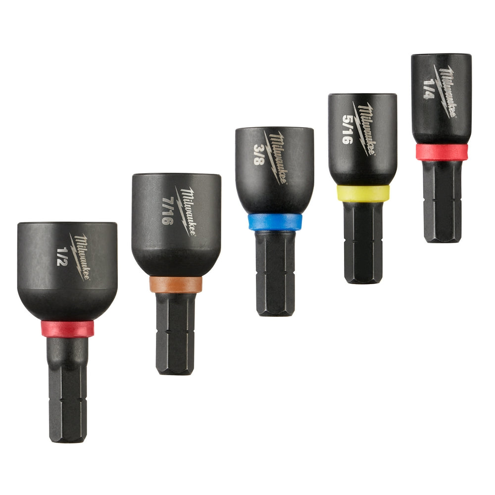 Five black magnetic nut driver inserts with colored bands in sizes 1/2, 7/16, 3/8, 5/16, and 1/4 inch.