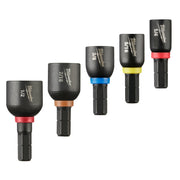Five black magnetic nut driver inserts with colored bands in sizes 1/2, 7/16, 3/8, 5/16, and 1/4 inch.