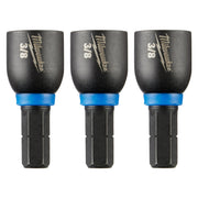 Three black Milwaukee Shockwave 3/8" magnetic nut drivers with blue band collars and hex shanks.
