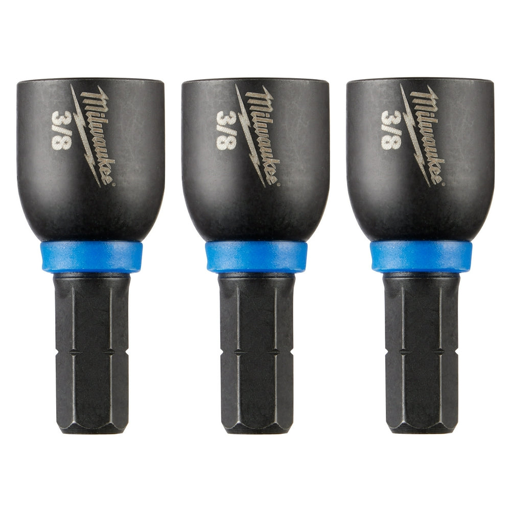 Three black Milwaukee Shockwave 3/8" magnetic nut drivers with blue band collars and hex shanks.