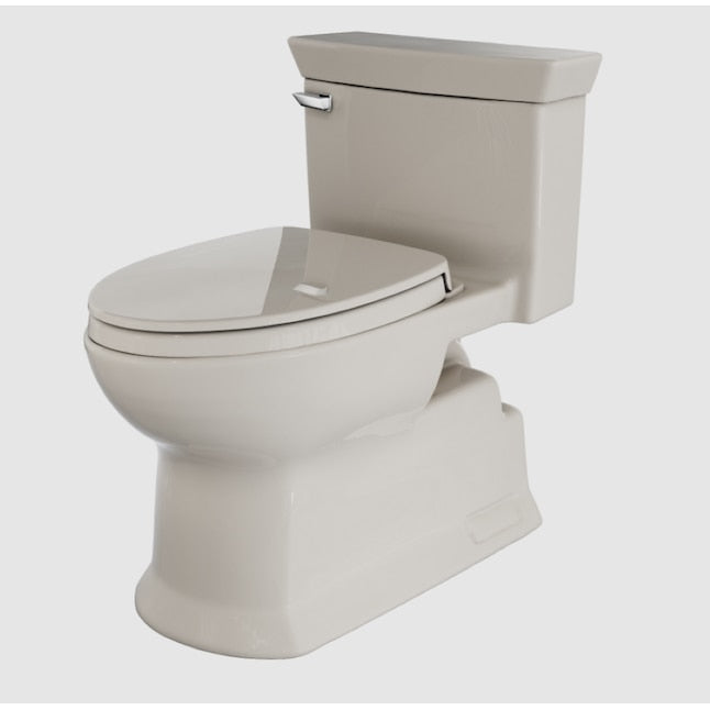 Sedona beige elongated one-piece toilet with soft-close seat and tank visible against white background.