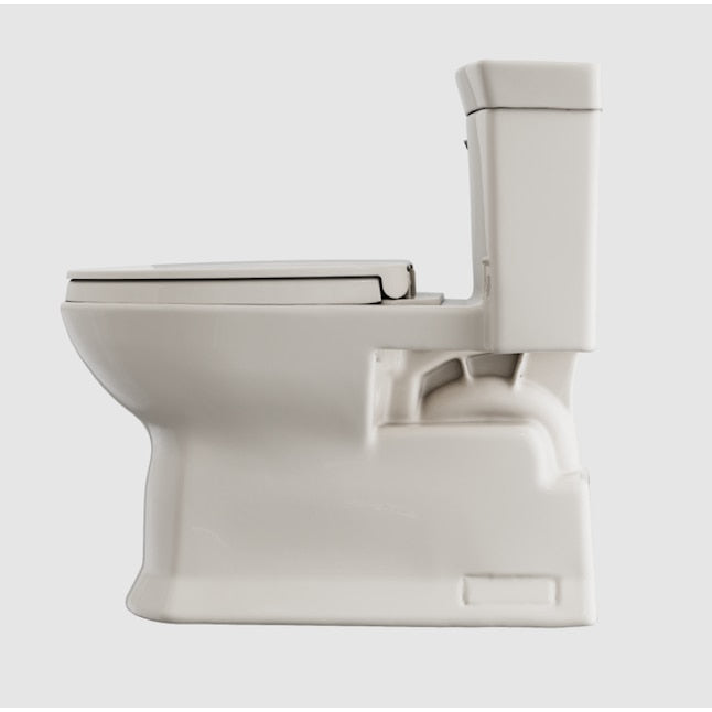 Sedona Beige one-piece elongated toilet with soft-close seat and integrated tank shown from side angle.