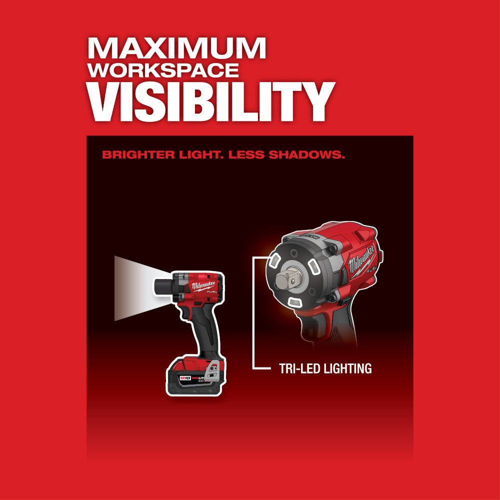 Red and black Milwaukee M18 FUEL compact impact wrench shown from two angles with tri-LED lighting feature highlighted.