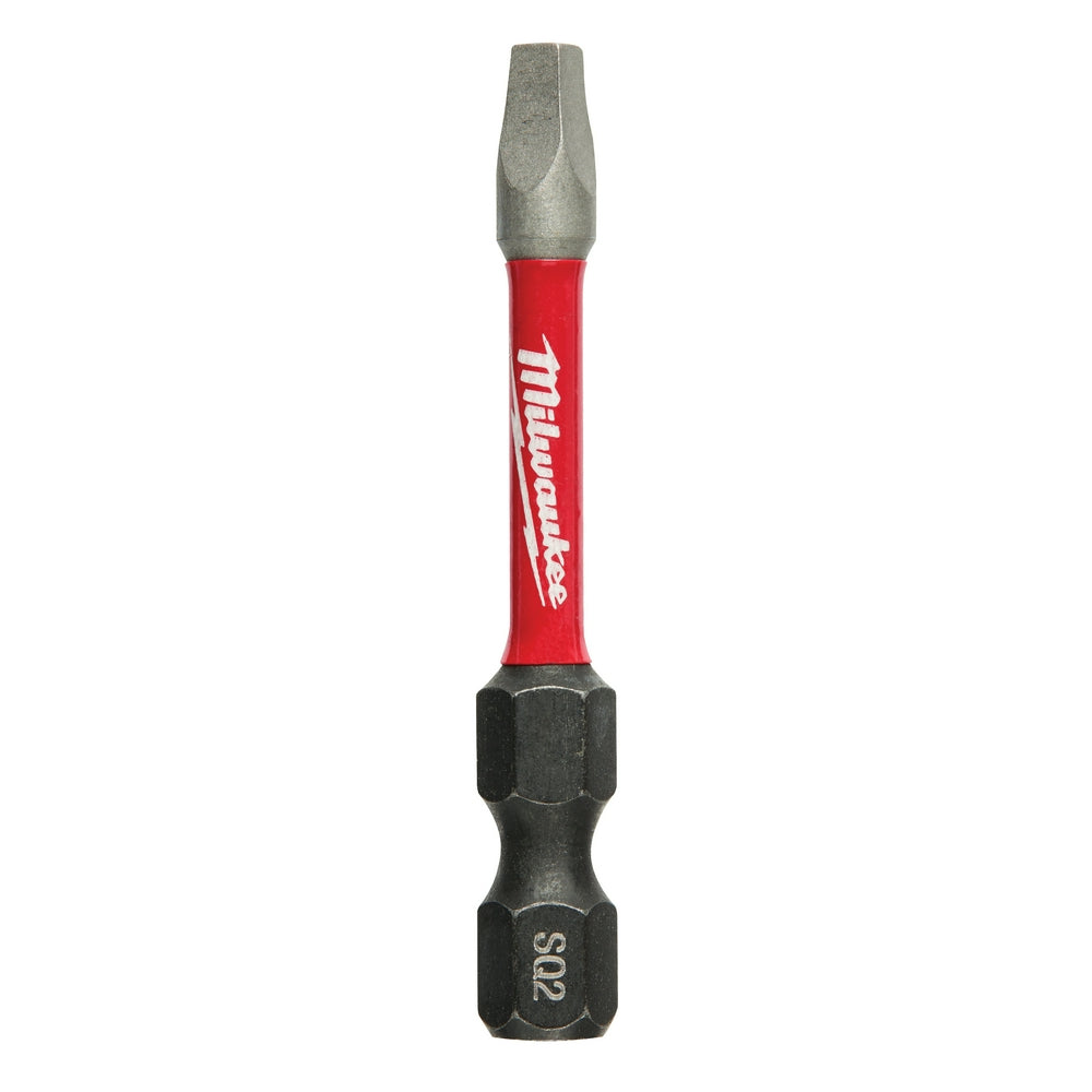 Milwaukee Shockwave 2-inch square recess #2 impact power bit with red sleeve and black hex socket end.