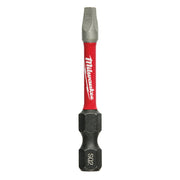 Milwaukee Shockwave 2-inch square recess #2 impact power bit with red sleeve and black hex socket end.