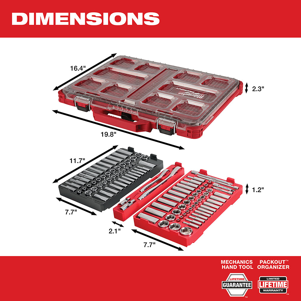 Milwaukee 106-piece ratchet and socket set with SAE and metric sizes in red and black PACKOUT organizer cases.