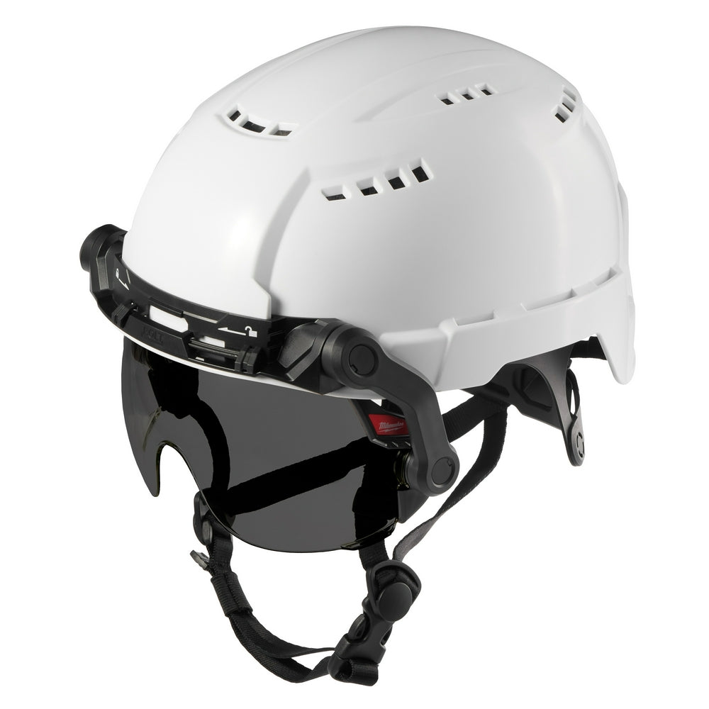 White safety helmet with attached tinted dark gray visor and black chin strap.