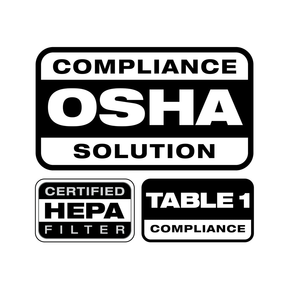 Three certification badges: "Compliance OSHA Solution" at top, "Certified HEPA Filter" at bottom left, and "Table 1 Complianc