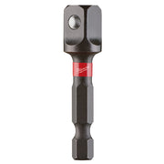 Milwaukee Shockwave socket adapter with 1/4 inch hex drive on top and 3/8 inch square drive on bottom, black metal with red b