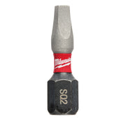 Single Milwaukee Shockwave #2 square recess insert bit with gray tip, red band, and black hexagonal base marked "2OS".
