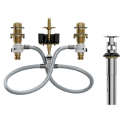 Moen M-Pact widespread valve with brass fittings, flexible hoses, and pop-up drain assembly for bathroom sink installation.