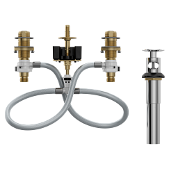 Moen M-Pact widespread valve with brass fittings, flexible hoses, and pop-up drain assembly for bathroom sink installation.