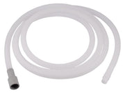 White flexible dishwasher drain hose with gray connector fitting coiled on white background.