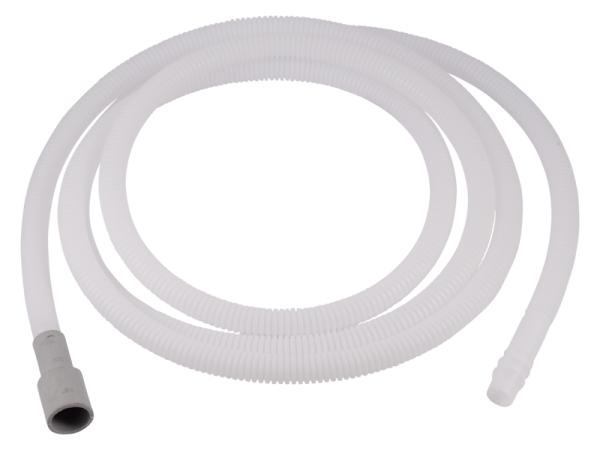White flexible dishwasher drain hose with gray connector fitting coiled on white background.