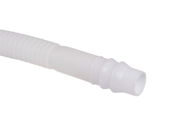 White plastic dishwasher drain hose with ribbed texture and connector fitting at end.