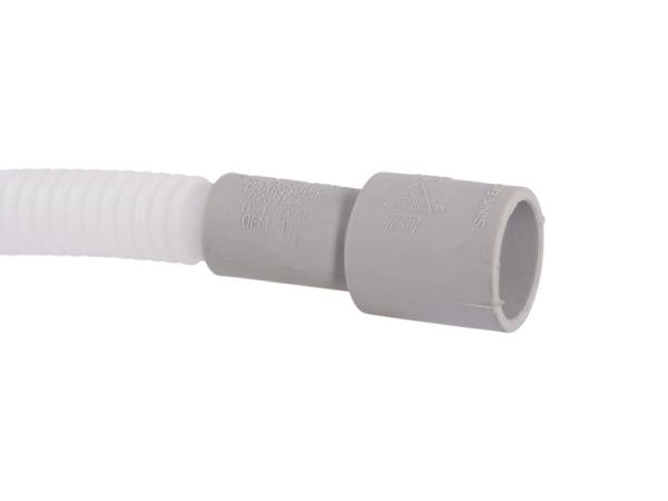 White corrugated dishwasher drain hose with gray plastic connector fittings on one end.