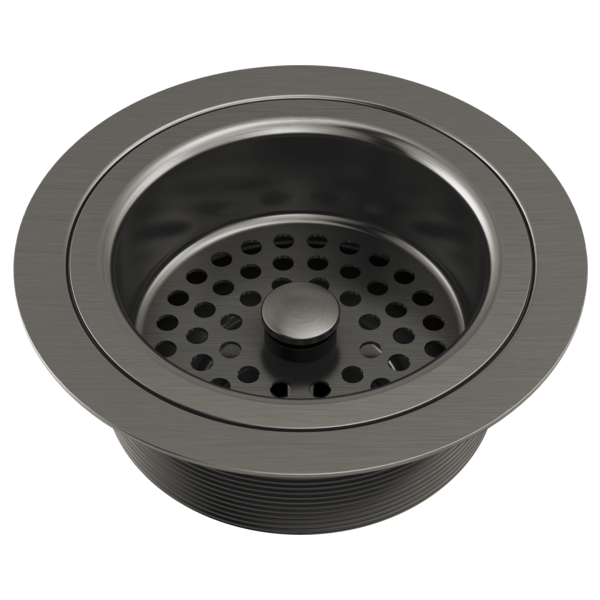 Stainless steel sink flange with perforated strainer basket and center post, dark gray finish.