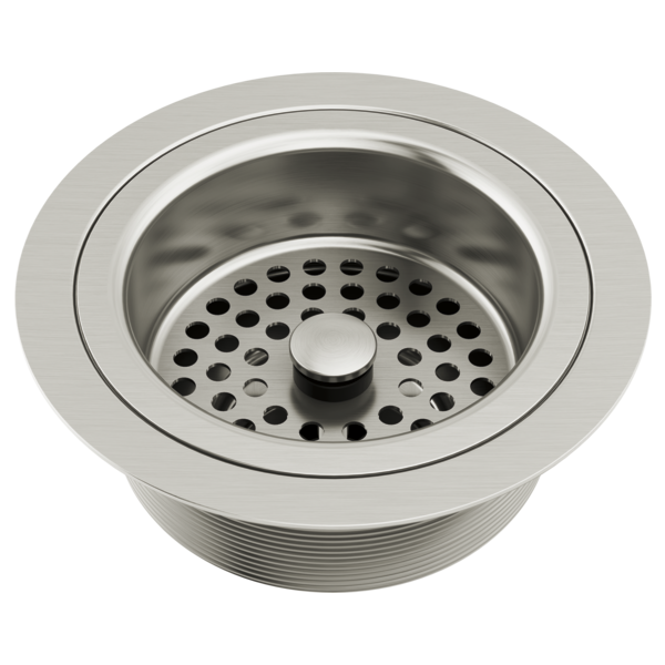 Stainless steel kitchen sink strainer with perforated basket and chrome flange ring.