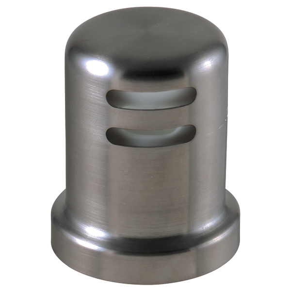 Brushed stainless steel cylindrical air gap with two horizontal slot openings and rounded top.