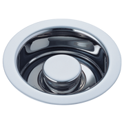 Chrome and white kitchen sink disposal flange stopper with nested circular design.