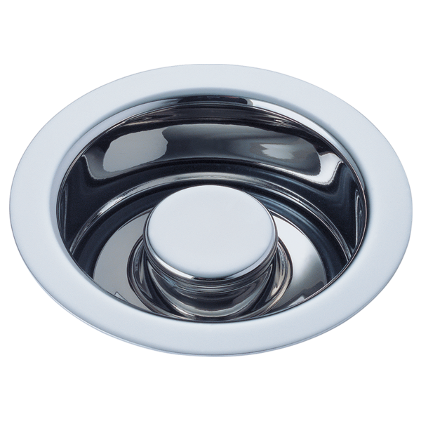Chrome and white kitchen sink disposal flange stopper with nested circular design.