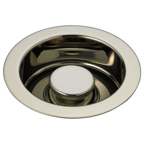 Polished chrome disposal flange stopper with white rubber plug and brushed nickel finish ring.
