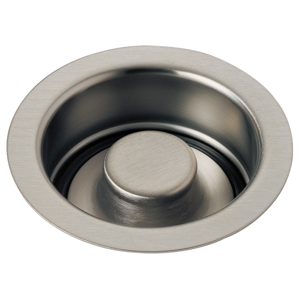 Stainless steel kitchen sink flange and stopper with brushed finish, circular design with nested components.