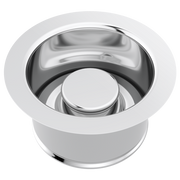 Stainless steel sink disposal flange with white rubber stopper, shown from above.