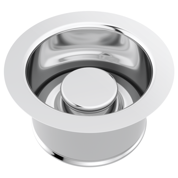 Stainless steel sink disposal flange with white rubber stopper, shown from above.