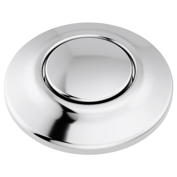 Chrome-finished circular air switch with dual outlet and recessed button center.