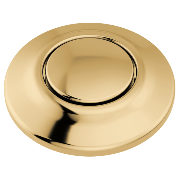 Polished brass circular air switch with dual outlet and recessed center button.
