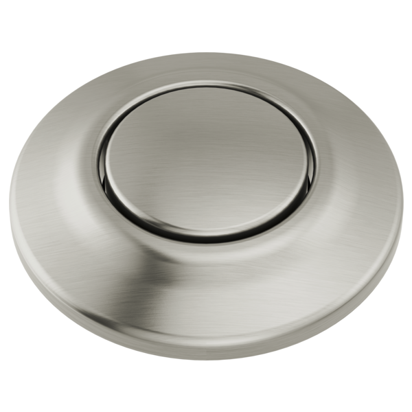 Brushed stainless steel air switch with circular button and recessed center, dual outlet design.