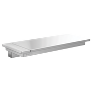Polished stainless steel wall-mounted shelf with rectangular surface and integrated bracket support.