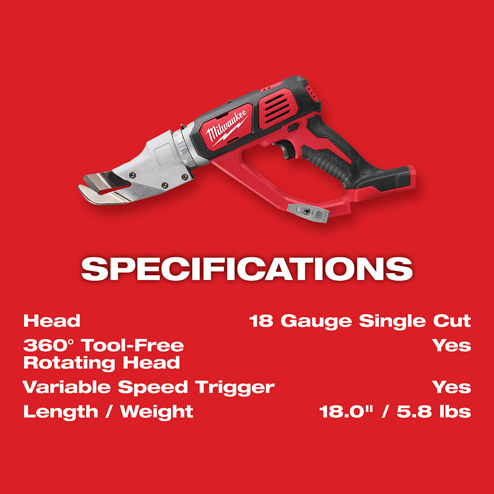 Red and black Milwaukee cordless shear with rotating head, trigger, and battery on red background.