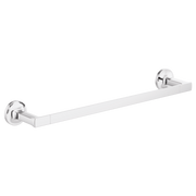 Chrome and white rectangular towel bar with circular mounting flanges on each end.