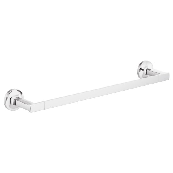 Chrome and white rectangular towel bar with circular mounting flanges on each end.
