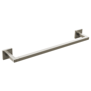 Brushed nickel towel bar with square wall-mounted brackets on each end.