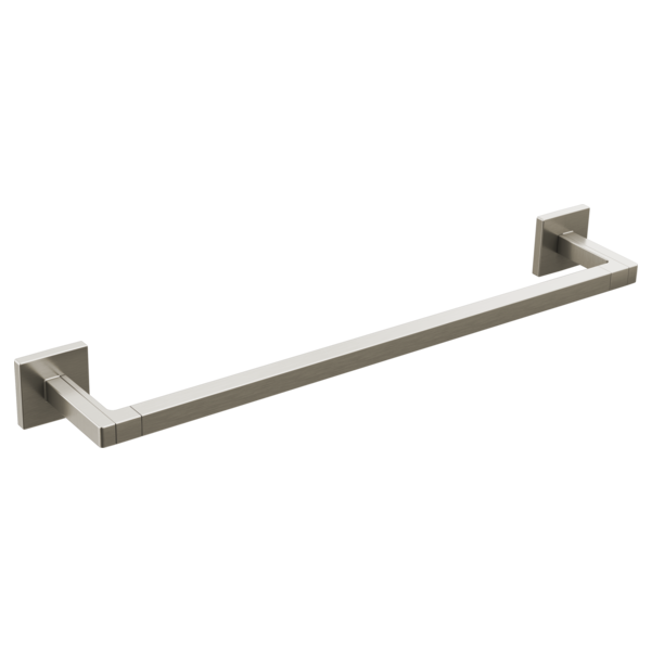 Brushed nickel towel bar with square wall-mounted brackets on each end.