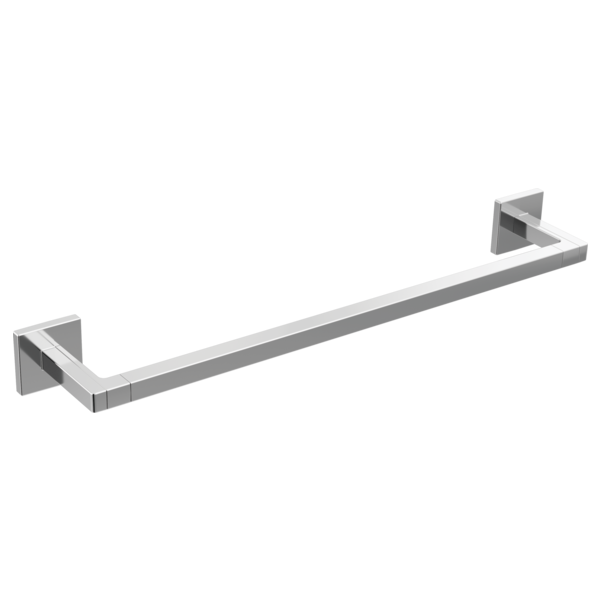 Chrome towel bar with geometric square wall mounts on each end.