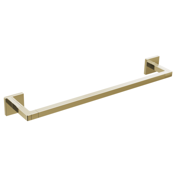 Brass and white towel bar with square wall-mounted brackets on each end.