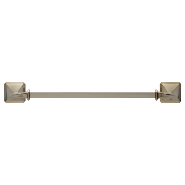 Brushed nickel towel bar with square mounting brackets on each end.
