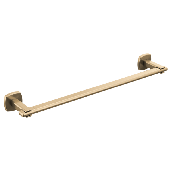 Brass towel bar with square mounting brackets on each end, angled view.