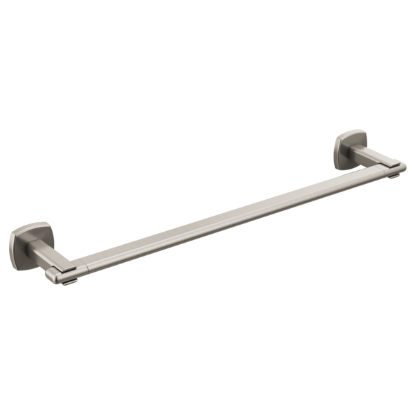 Brushed nickel towel bar with squared mounting brackets on each end.